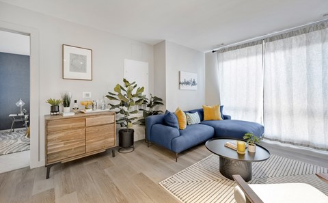 a living room with a blue couch and a coffee table